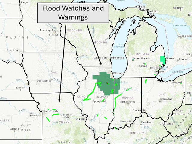 Some of the flood watches and warnings that already have been issued by early Friday afternoon, mainly in northern Illinois. (DTN graphic by Teresa Wells)