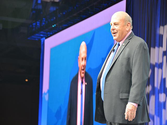 Zippy Duvall, president of the American Farm Bureau Federation, during his opening speech at the group's annual meeting this week in Salt Lake City. Duvall stressed the importance of lobbying Congress to complete a farm bill this year. (DTN photo by Chris Clayton)