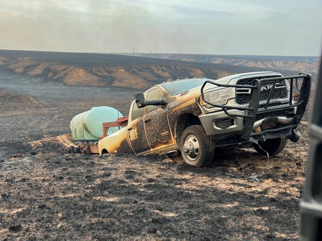A wildfire tore through Hale Cattle Company near Miami, Texas. Hale's father, Steve, was caught in the fire while hauling water to fight flames. He was unharmed. (Photo courtesy of Bradley Hale)