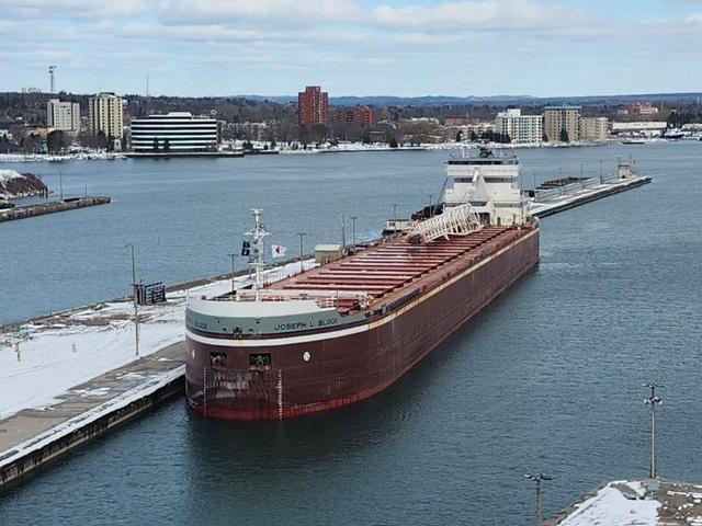 The Joseph L. Block made its way into the Poe Lock, part of the Soo Locks system, kicking off the 2024 navigation season at 6 p.m. on March 22, according to the USACE Detroit District. (Photo by Chief Lockmaster Mark Aldrich)