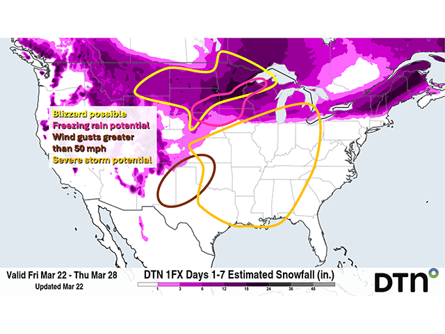 A big spring storm will hit the middle of the country starting early Sunday and will include heavy snow with blizzard conditions in some areas, some freezing rain, strong winds and severe storm potential. (DTN graphic)