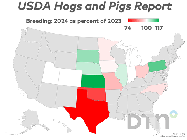 Breeding inventory per state. Overall U.S. breeding inventory, at 6.02 million head, was down 2% from last year, but up slightly from the previous quarter, USDA NASS reported on Thursday. (DTN graphic)