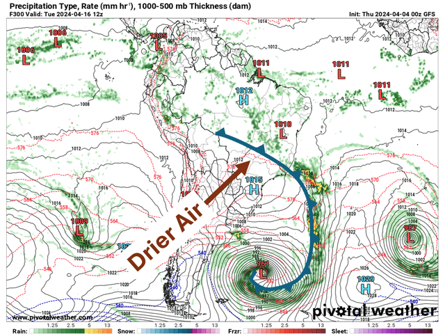 A large storm system is forecast by the American GFS model to sweep through South America in about 10 to 12 days. Drier weather is forecast behind it and could mean an abrupt end to the wet season rainfall in central Brazil. (Pivotal Weather graphic)