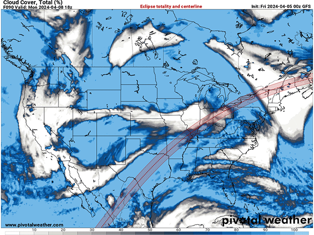 Cloud cover for the path of totality of Monday's total eclipse will feature a mix of thick clouds, high wispy clouds, and clear skies. But these may change during the coming days. (Pivotal Weather graphic)