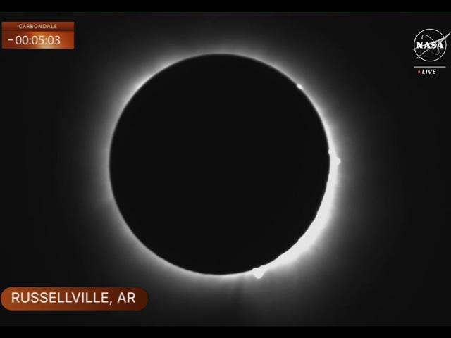 The total eclipse on April 8, 2024, as captured in a screenshot from NASA's live broadcast of the eclipse as it passed through Arkansas. (Screenshot from NASA website broadcast)