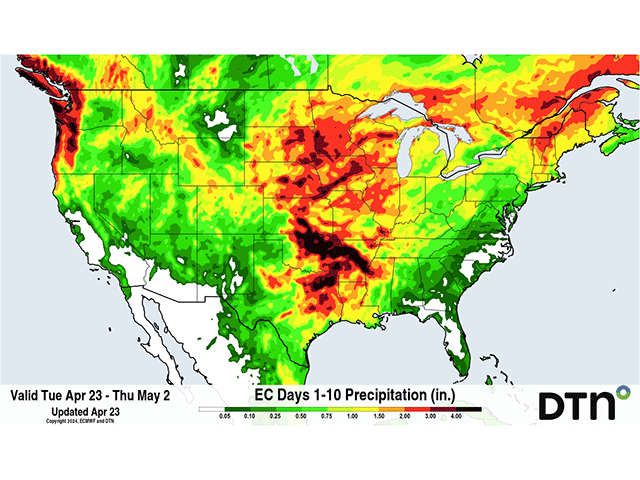 Heavy rainfall is forecast for large areas of the Plains and Midwest going into early May. (DTN graphic)