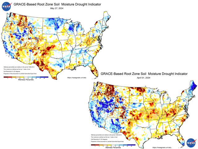 Root zone moisture in the Western Corn Belt is almost entirely recovered to normal levels compared with April 1, when dryness covered much of the region. (NASA GRACE project graphics)