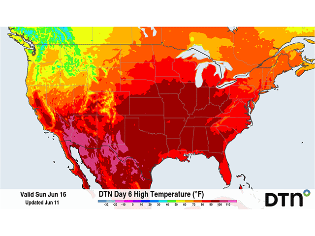 The DTN high temperature forecast for June 16 will be a common sight for next week. (DTN graphic)