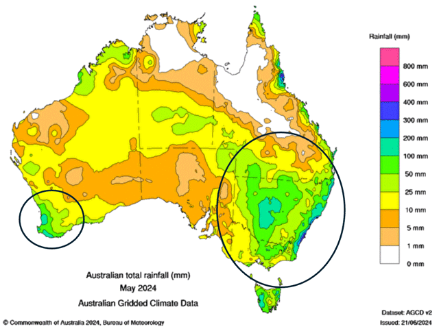 Improved Australia rainfall includes more than 6 inches in parts of Western Australia and New South Wales during May. (Australia Bureau of Meteorology graphic)
