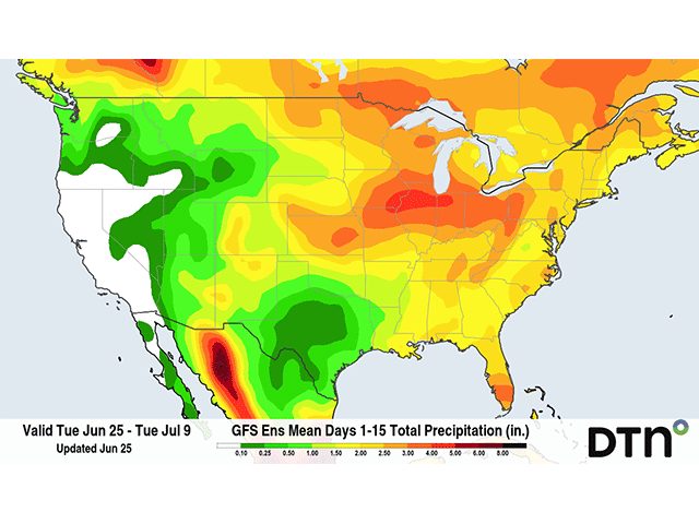 An active pattern through the Corn Belt is forecast by the American GEFS model through at least July 9. (DTN graphic)