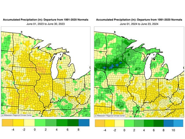Accumulated precipitation across parts of the Corn Belt is above normal for this June as compared to June 2023. (Midwestern Regional Climate Center graphic)