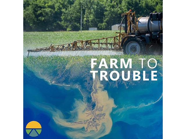 A farmer in Illinois sprays emerging corn in June 2020; The Mississippi River empties into the Gulf of Mexico in South Louisiana in an undated image taken from the International Space Station. (Photo courtesy of Darrell Hoemann, Investigate Midwest; ROSCOSMOS/NASA. Graphic: Annie Ropeik, Ag & Water Desk)