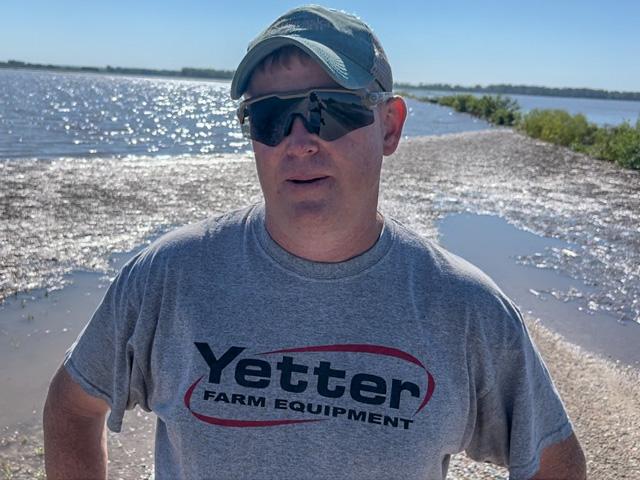 Quentin Connealy, standing about a mile and a half from where the Missouri River normally flows, said his family has about 600 acres flooded near Tekamah, Nebraska. Still, a lot of Missouri River bottom land remains protected by levees that are holding back the surge from flooded tributaries in Iowa. (DTN photo by Chris Clayton)