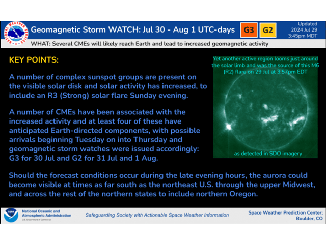 The Space Weather Prediction Center has issued a watch for a strong geomagnetic storm for Tuesday. (Image courtesy of the Space Weather Prediction Center)