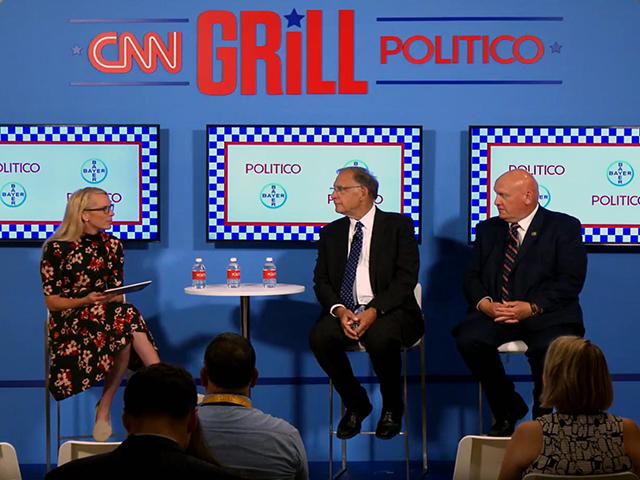 Reporter Meredith Lee Hill interviews Sen. John Boozman, R-Ark., center, and Rep. Glenn Thompson, R-Pa., at a Politico/CNN event at the Republican National Convention in Milwaukee. (Image from screenshot)