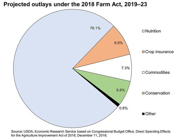 The food-stamp program accounts for more than 75 percent of farm-bill spending. House Republicans propose chopping a provision of the 2018 bill allowing presidents to boost spending on food stamps; instead, they'd take $30 billion from SNAP over 10 years and devote the money to richer benefits for farmers. (USDA, Economic Research Service chart)