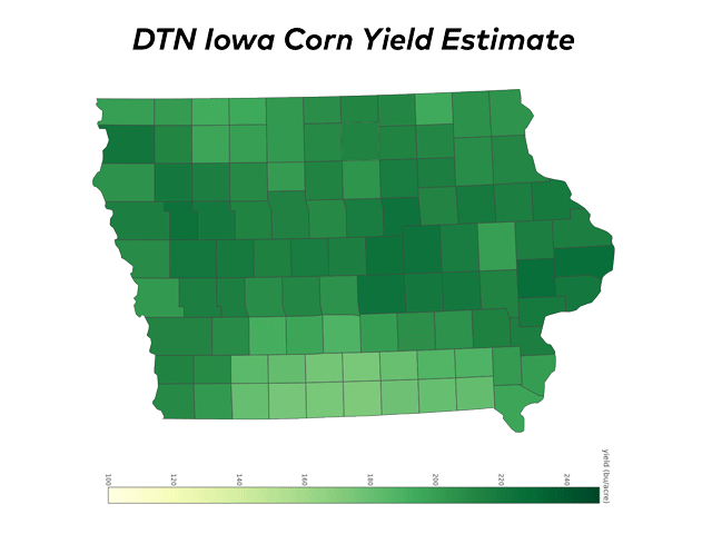 The darkest green shades represent yields of 200 bushels per acre or more, with Marshall County having the highest average at 218 bpa. The lightest green shades represent yields of about 170 bpa. Ringgold County had the lowest average corn yield at 168 bpa. (DTN map by Scott Williams and Darren Miller)