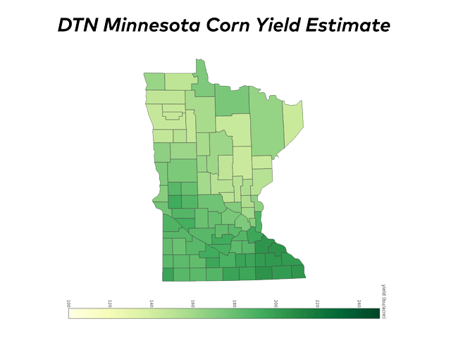 Minnesota's strongest corn yields -- those above 200 bpa -- are represented in dark green and are highly concentrated in the southeastern corner. In the southwest, which struggled more with flooding and ponding, yields are estimated in the mid-180s bpa. (DTN map by Scott Williams and Darren Miller)