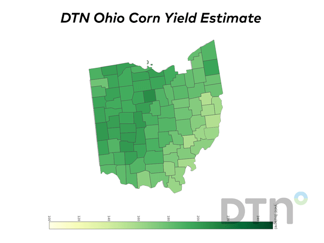 The darkest green shaded counties represent county average corn yields above 200 bpa, while the lightest green counties represent yields around 100 bpa per acre. (DTN map by Scott Williams and Darren Miller)