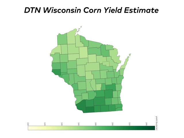 Lafayette County in southwestern Wisconsin is projected to have the highest county average in Wisconsin at 212 bushels per acre. The darkest green shades represent 200 bpa yields or higher, while the lightest green shades represent 150 bpa yields. (DTN map by Scott Williams and Darren Miller)