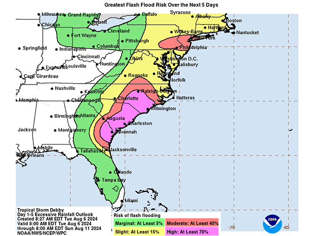 Tropical Storm Debby has potential to create more flash flooding from Georgia up through the Northeast during the next several days, causing damage for crops. (NOAA graphic)