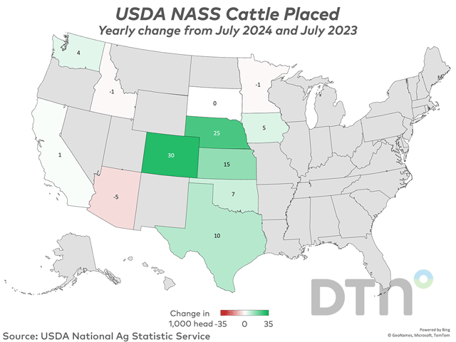 Cattle placements in feedlots during July totaled 1.70 million head, 6% above 2023, according to USDA NASS. (DTN graphic)