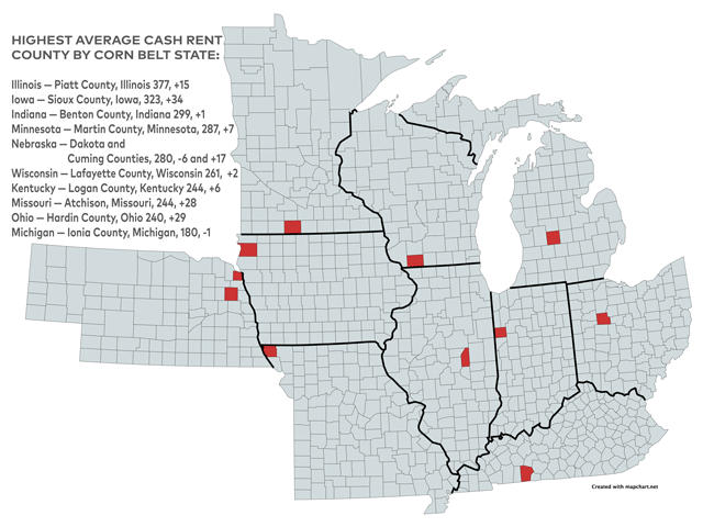 Here are the highest county cash rent averages for non-irrigated cropland in 10 Corn Belt states in 2024, showing the dollars per acre. (DTN graphic by Nick Scalise/Kathy Myers).