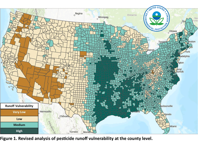 EPA published its final Herbicide Strategy on Tuesday, including a map of county-level pesticide runoff vulnerability it intends to use to determine the mitigation burden for herbicide users. (Map courtesy of EPA)