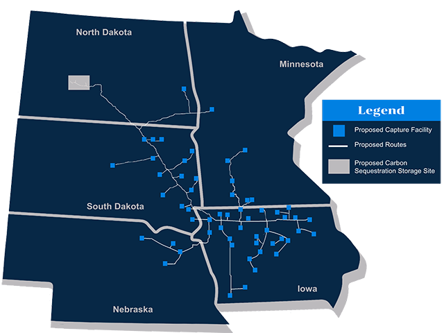 The South Dakota Supreme Court issued a ruling this week in favor of landowners who challenged Summit Carbon Solutions' proposed carbon dioxide pipeline. (Map courtesy of Summit Carbon Solutions)