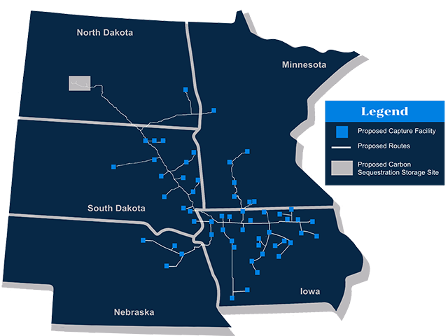 The Iowa Utilities Commission granted a construction permit to Summit Carbon Solutions to build a carbon dioxide pipeline. (Map courtesy of Summit Carbon Solutions)