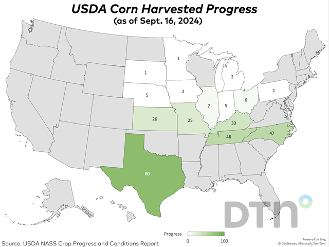 The U.S. corn harvest progressed 4 percentage points last week to reach 9% complete as of Sunday, 1 point ahead of last year's 8% and 3 points ahead of the five-year average of 6%. (DTN graphic)