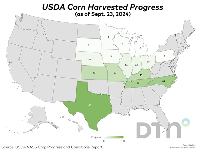 Corn harvest moved ahead 5 percentage points nationally last week to reach 14% complete as of Sunday. That was 1 point ahead of last year's 13% and 3 points ahead of the five-year average of 11%, according to USDA NASS. (DTN graphic)