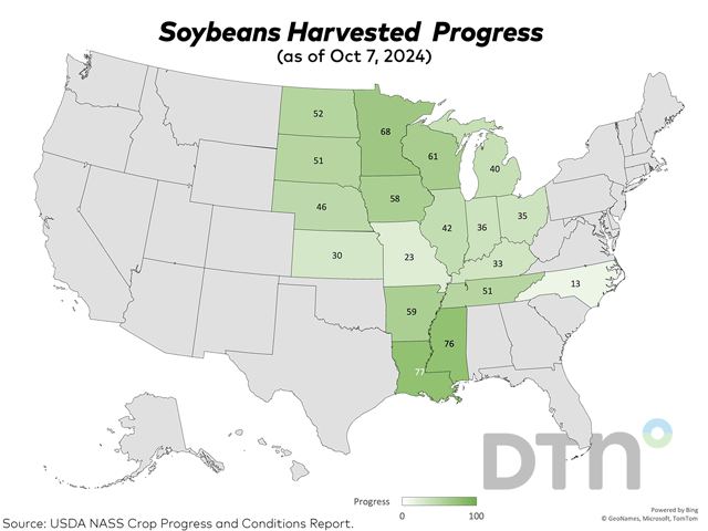 As of Sunday, the soybean harvest had reached 47% complete nationwide, 10 points ahead of last year's 37% and 13 points ahead of the five-year average of 34%, USDA NASS reported in its weekly Crop Progress report on Monday. (DTN graphic)