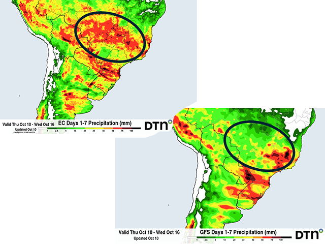 Models bring rain into central Brazil, circled, but do so at different intensity and coverage. The European model on the left is much more aggressive than the American GFS model on the right. (DTN graphics)
