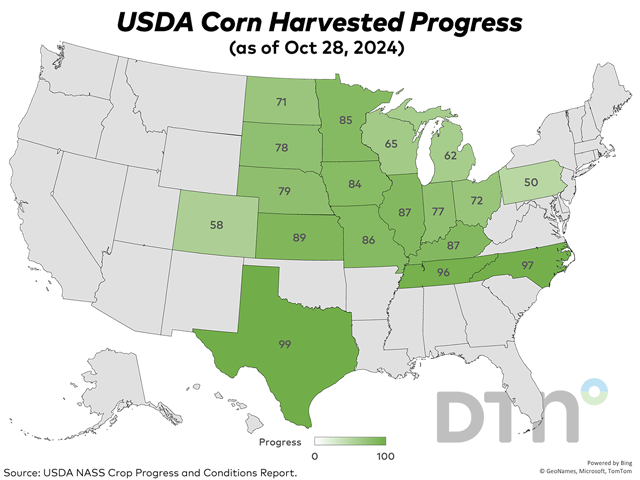 Corn harvest reached 81% complete nationally as of Sunday, according to USDA NASS' weekly Crop Progress report. That was 13 points ahead of last year's 68% and 17 points ahead of the five-year average of 52%. Ohio's harvest was the furthest ahead of normal at 72% complete, 34 percentage points ahead of the state's five-year average of 38%. (DTN graphic)