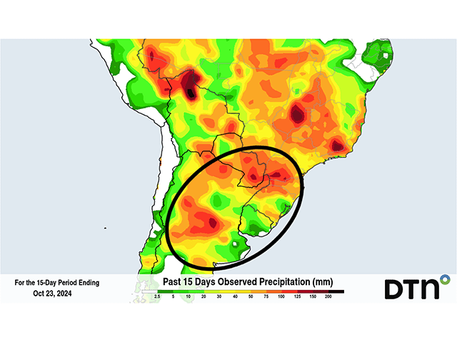 Rainfall during the last 15 days has been pretty good for Argentina and southern Brazil. (DTN graphic)