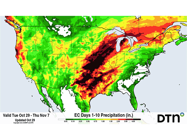The forecast rainfall is heavy over the middle of the country through Nov. 7. (DTN graphic)