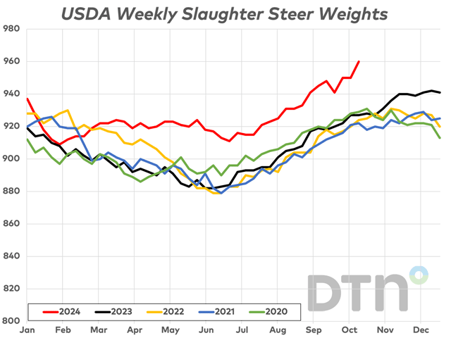 It's alarming to think that we sit with the fewest number of beef cows in more than 70 years, but our beef production hasn't fallen dramatically because of these growing carcass weights. (DTN chart)