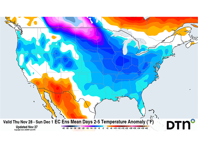 Cold air that has been persistent over the Canadian Prairies and occasionally the Northern Plains will spread south and east during the next few days, making temps well-below normal for many areas. (DTN graphic)