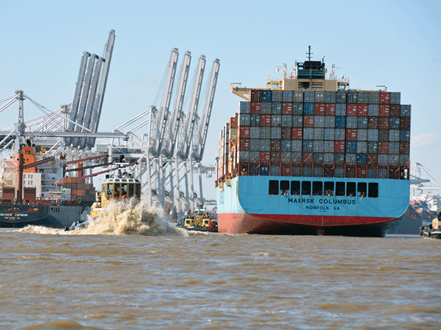 A cargo ship docks at the Port of Savannah, Georgia. U.S. agricultural exports are expected to rise, but they can't keep up with the growing volume of imported products. USDA on Tuesday forecast a record $45.5 billion deficit in agricultural exports for fiscal year 2025. (DTN file photo by Chris Clayton)
