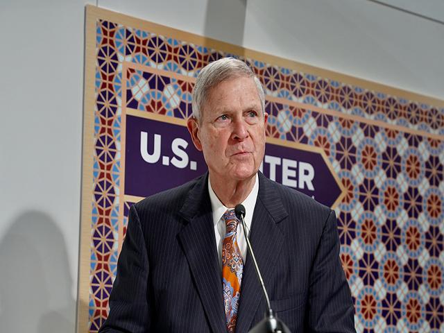 Agriculture Secretary Tom Vilsack speaking at a U.S. forum during the United Nations climate talks, COP 29, in Baku, Azerbaijan, last week. In an interview with DTN, Vilsack said it's important for both trade and opportunity in carbon markets that agriculture remains focused on climate-smart practices. (Photo courtesy of USDA)