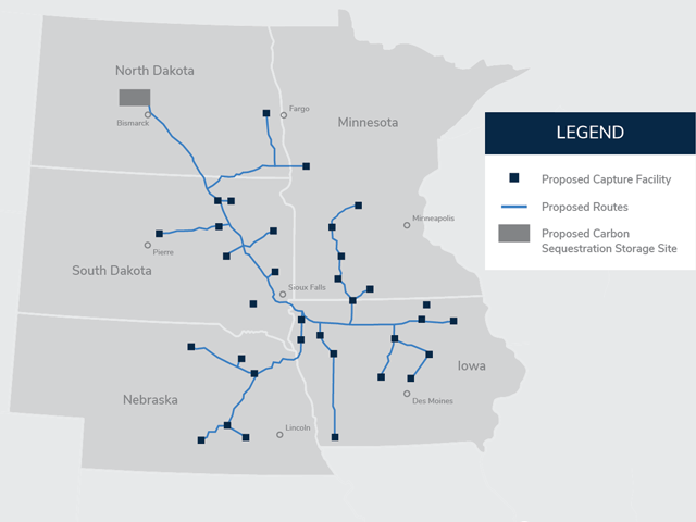 Governing bodies in Minnesota and North Dakota granted permits to Summit Carbon Solutions for its proposed carbon pipeline. (Graphic courtesy of Summit Carbon Solutions)