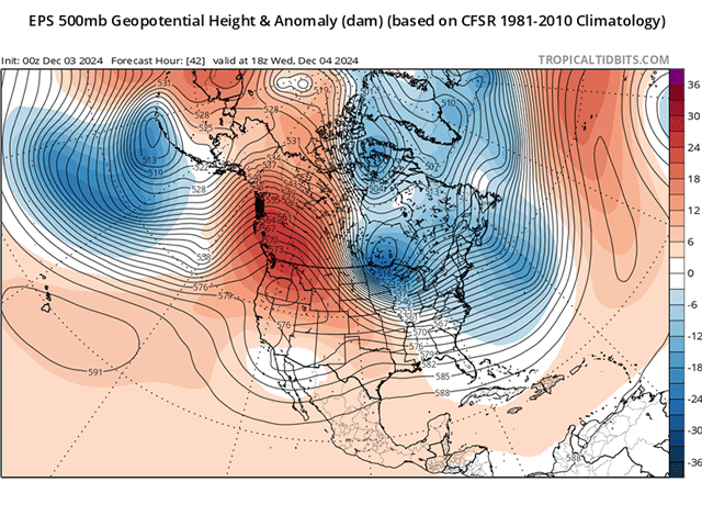 Arctic, cold air has descended east of the Rockies due to an upper-level trough that has settled over eastern North America (in blue). We'll see some changes to this picture during the next couple of days. (Tropicaltidbits.com graphic)