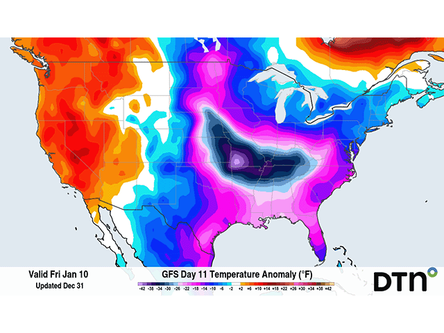 An example of one of the cold days the American GFS model has forecast for next week. Anomalies of 30-40 degrees below normal are possible in parts of the country at different times starting Jan. 7. (DTN graphic)