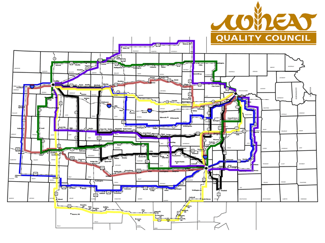 Beginning Tuesday, crop scouts will travel six predetermined routes across the state of Kansas, with jaunts into Nebraska and Oklahoma, as part of the 68th Annual Hard Winter Wheat Tour. (Map courtesy of Wheat Quality Council)
