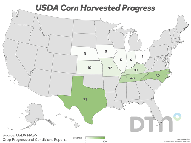 The U.S. corn harvest progressed 3 percentage points last week to reach 7% complete as of Sunday, 1 point behind last year's 8% and equal to the five-year average. (DTN graphic by Kathy Myers)