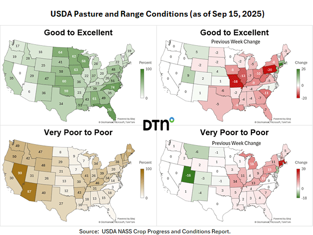 Dry conditions have a negative effect on pasture and range conditions. (DTN graphics by Kathy Myers)