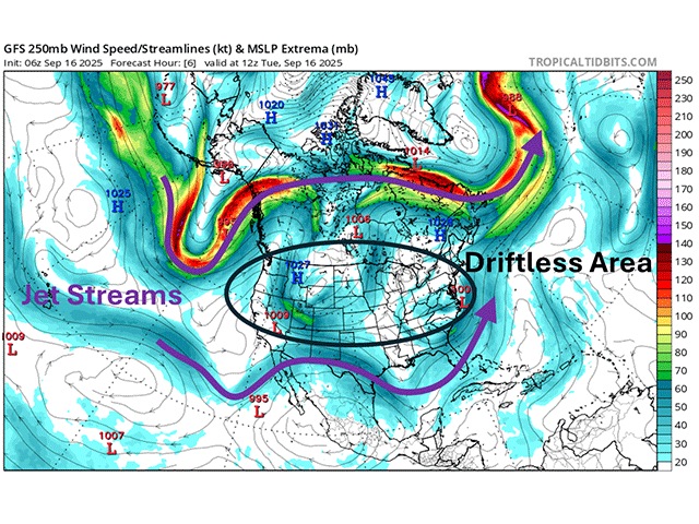 Two jet streams are found over northern Canada and across the far southern U.S. Little disturbances caught in-between the two will slowly drift eastward this week. (TropicalTidbits.com graphic)
