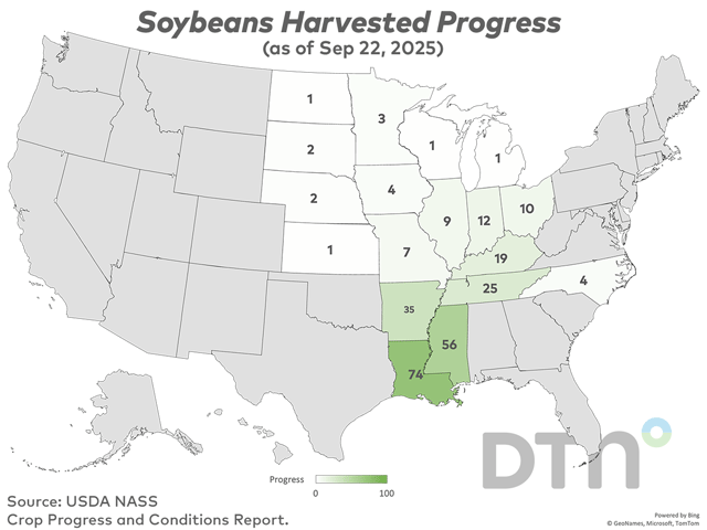 The U.S. soybean harvest progressed 4 percentage points last week to reach 9% complete as of Sunday, 3 points behind last year's 12% and equal to the five-year average. (DTN graphic by Kathy Myers)