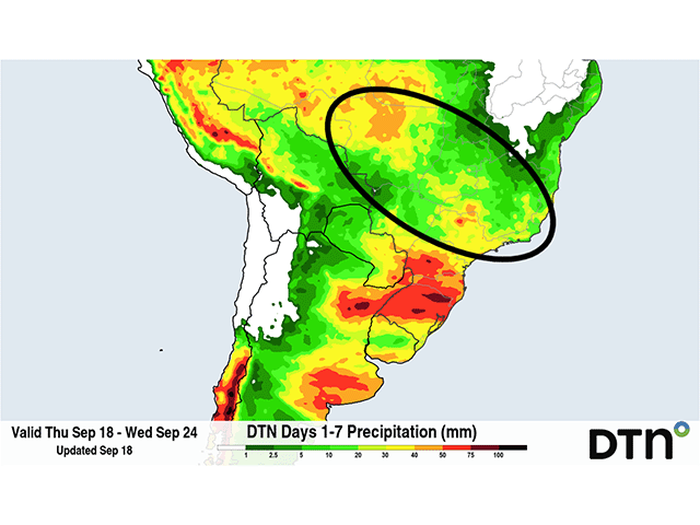 A front is likely to bring a swath of rain to much of central Brazil (circled) early next week. (DTN graphic)